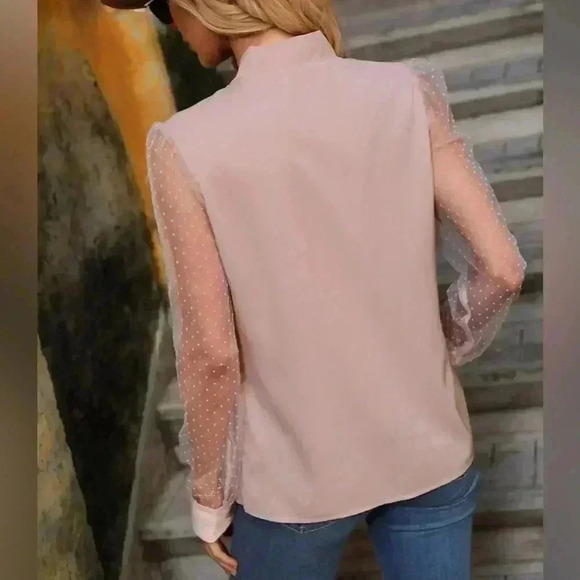 SHEIN‎ Elegant Blush Pink Bow Blouse with Mesh Dot Sleeves - Romantic Top A68 - Picture 6 of 8
